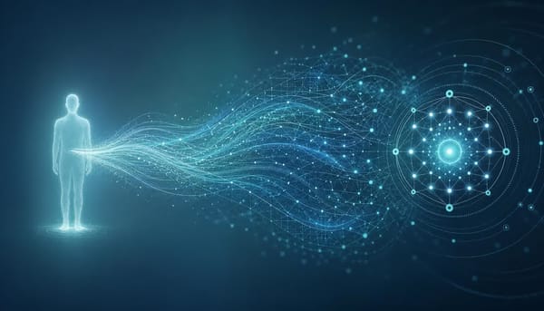 Abstract visualization of domain knowledge flowing through an AI agent, with subject-matter expertise acting as a funnel that amplifies output quality.