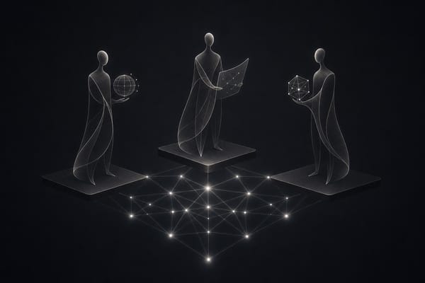 Abstract line-art illustration of three isolated analytical figures connected by a knowledge graph on dark background