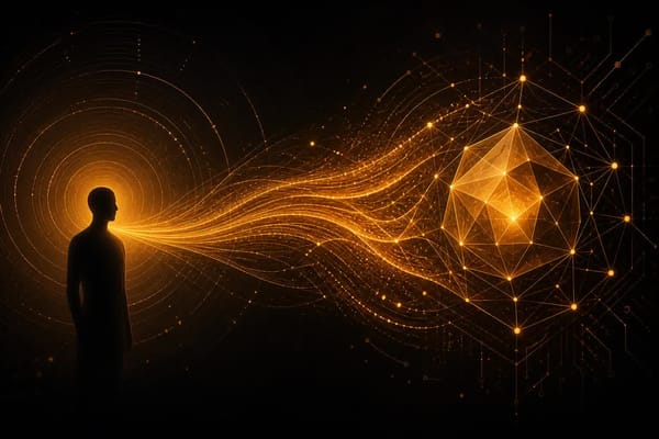 抽象视觉：左侧代表领域知识的光流注入右侧 AI 智能体符号，知识越深厚，输出越丰富。无文字、无logo、无人脸。