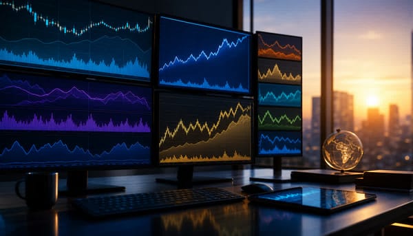 Modern futures trading desk with abstract market layers for indexes, crude oil, gold, dollar, rates, and volatility.