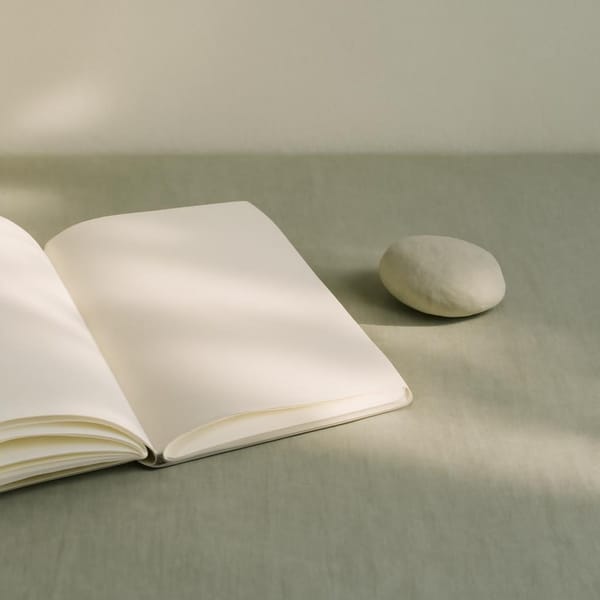 A quiet desk with soft morning light, an open notebook, and one small stone beside it.