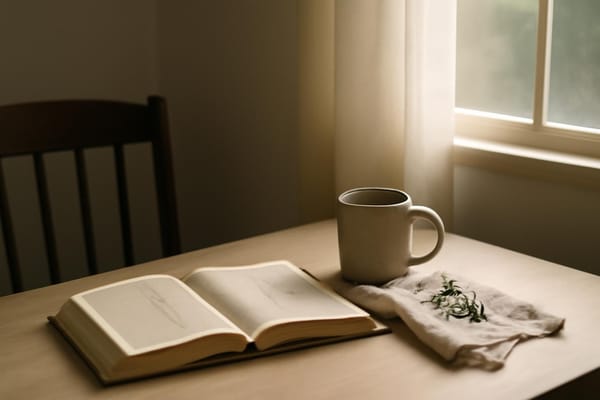 清晨柔光照进窗边，浅色木桌上有打开的圣经、陶杯和一块柔软亚麻布