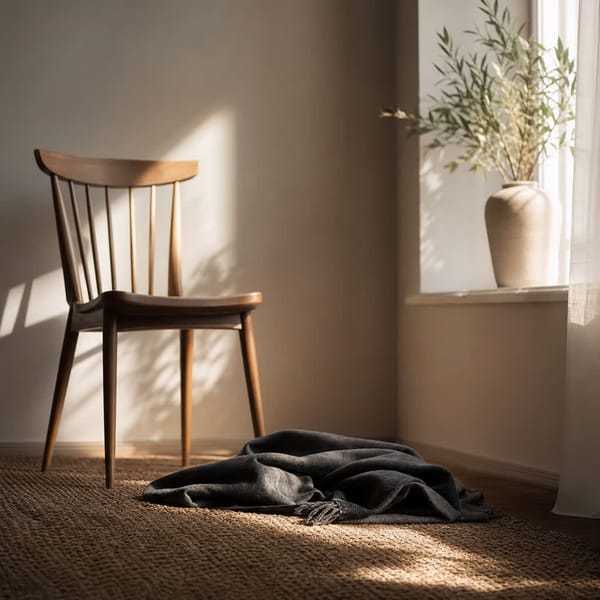 A quiet chair beside a warm window with a folded dark cloth on the floor.