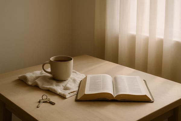 清晨窗边的浅色桌面上放着打开的圣经、茶杯和一串钥匙