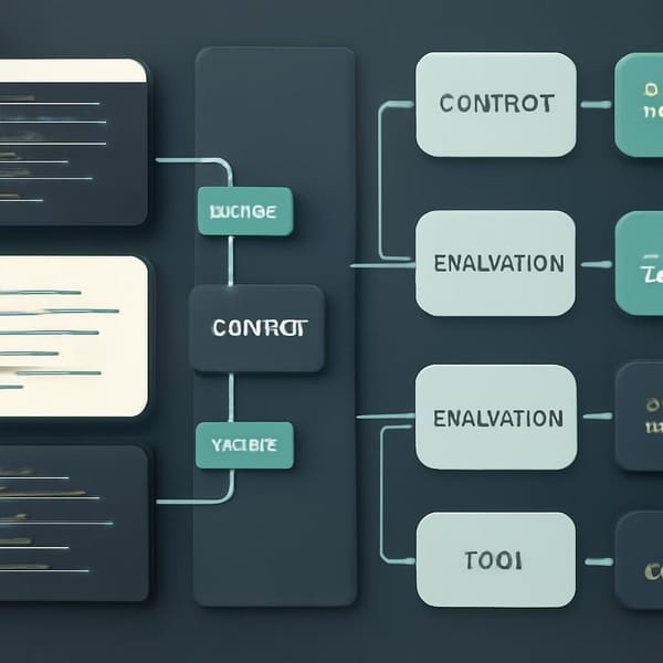 Abstract developer workspace where one IDE console routes tasks to several AI model lanes through policy gates and context windows.