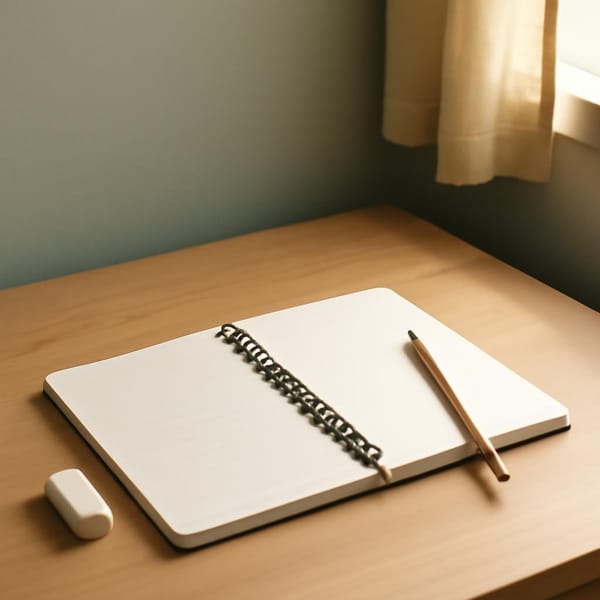 A quiet desk with an open notebook, an eraser, and soft morning light.
