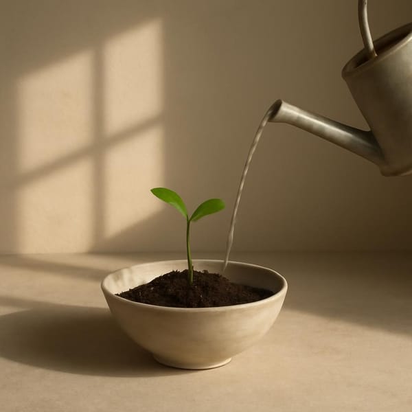 A small green seedling in a simple bowl beside soft water and warm morning light