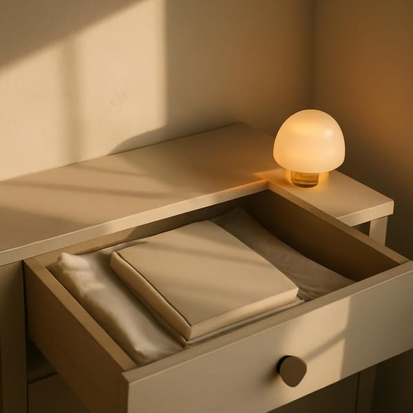 A warm hidden glow in a partially opened drawer beside a closed notebook and folded linen