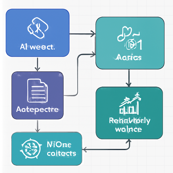 Abstract AI workflow map showing models, agents, data pipelines, and productivity metrics