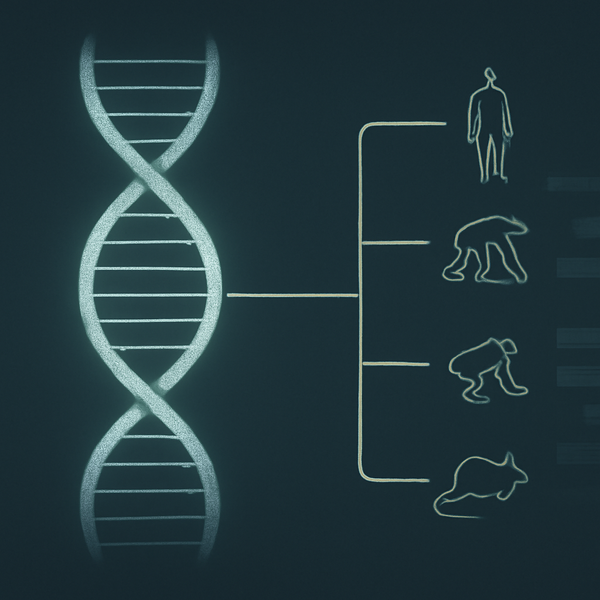 Abstract comparative genomics visualization with DNA strands and primate species relationship lines