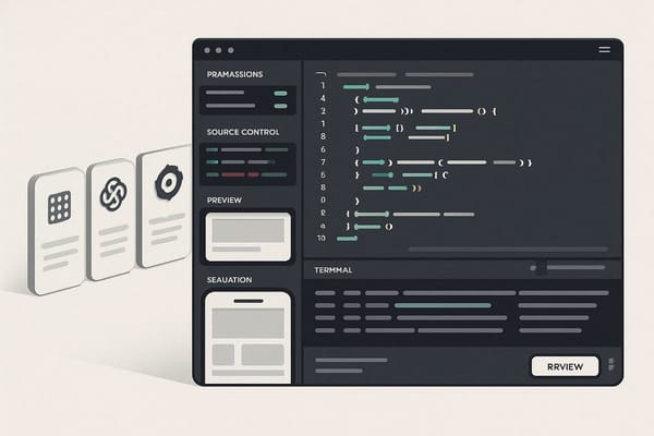 A developer IDE control room with coding agents queued beside file permissions, preview panes, device simulators, source control, and approval checkpoints