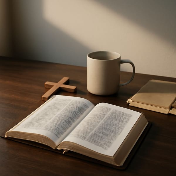 清晨桌面上的圣经、陶杯、木质十字架与工作笔记，表达在主前安静忠心。