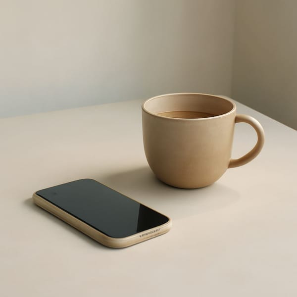 A quiet phone face down beside a warm cup on a simple table with soft morning light and open space.