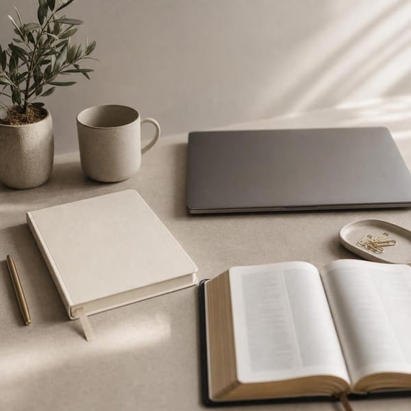 A quiet desk with ordinary work items in soft morning light