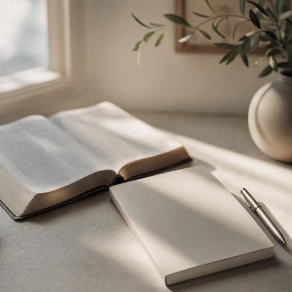An open Bible, notebook, and pen in soft morning light on a calm desk