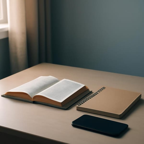A calm desk with an open Bible, notebook, and phone in soft morning light.