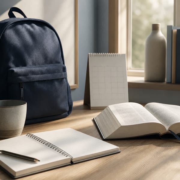 A backpack, notebook, calendar, and open Bible on a desk in soft morning light.