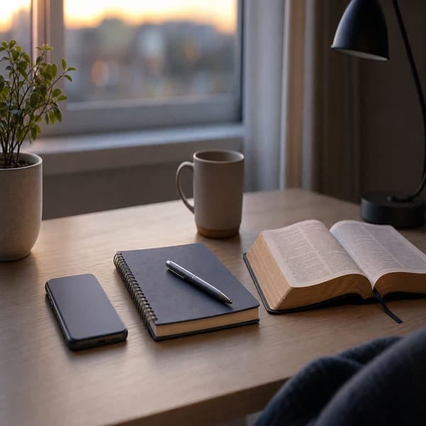 A face-down phone, notebook, pen, and open Bible on a tidy desk in soft evening light.