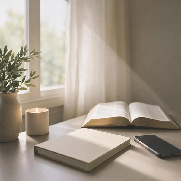 An open Bible, a face-down phone, and a blank notebook on a quiet desk in soft window light