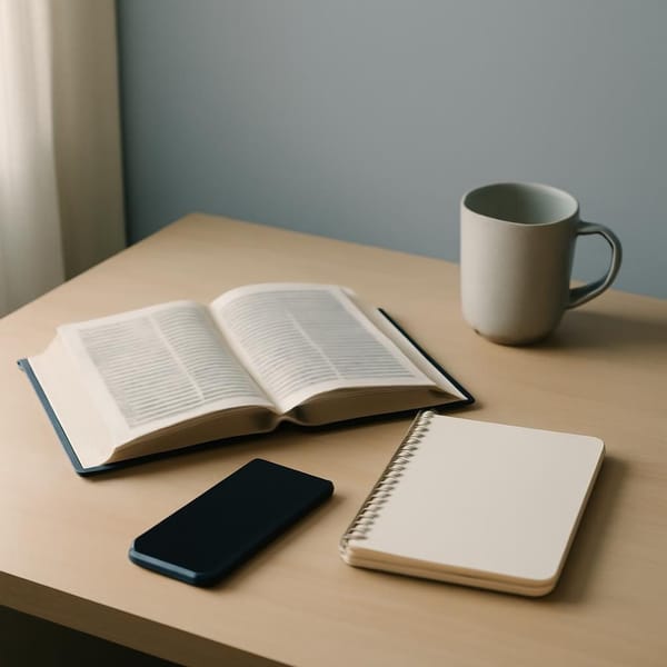 An open Bible beside a notebook, face-down phone, and ceramic mug in soft morning light.