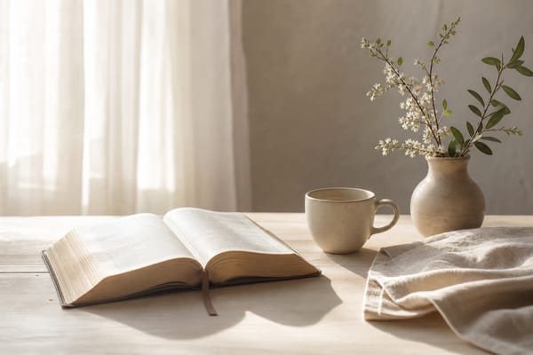 清晨窗边的打开圣经、茶杯和浅色布料，安静留白，没有人物和文字