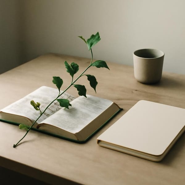 An open Bible, a small vine branch, and a blank journal on a quiet desk in soft morning light