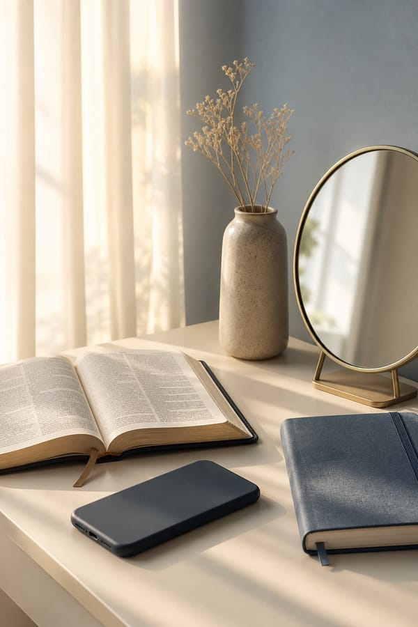 An open Bible beside a face-down phone and a small mirror in soft morning light.