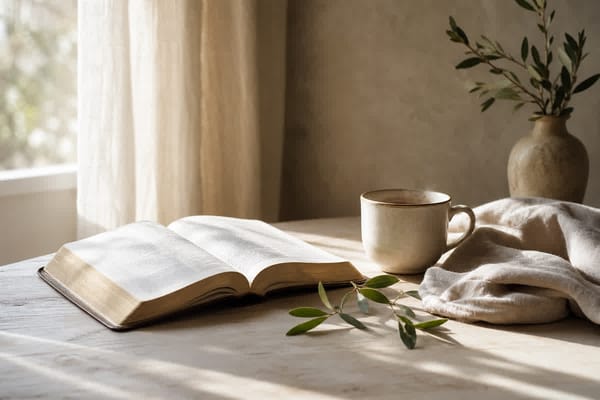 清晨窗边的圣经、茶杯、浅色亚麻布和一小枝绿叶，安静留白，没有人物和文字