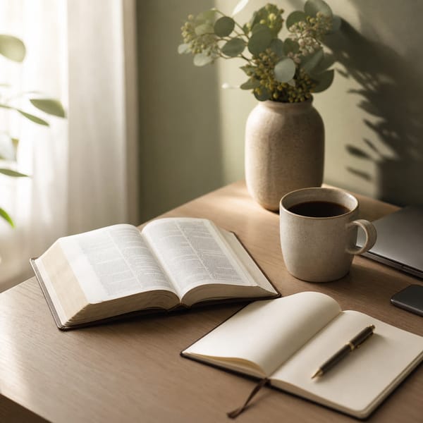 An open Bible, notebook, pen, and coffee mug on a quiet desk in soft morning light