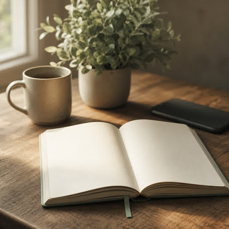 A quiet desk with a blank notebook, face-down phone, and soft window light