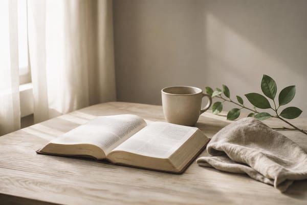 晨光里的安静桌面，上有打开的圣经、茶杯与柔软布料