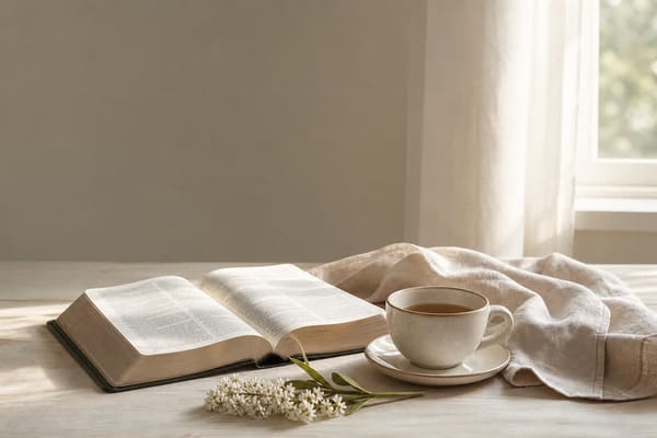 晨光里的安静桌面，上有打开的圣经、茶杯与白花