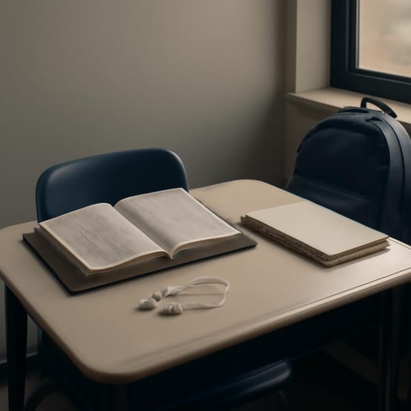 An open Bible, notebook, backpack, and earbuds on a quiet school desk in soft morning light.
