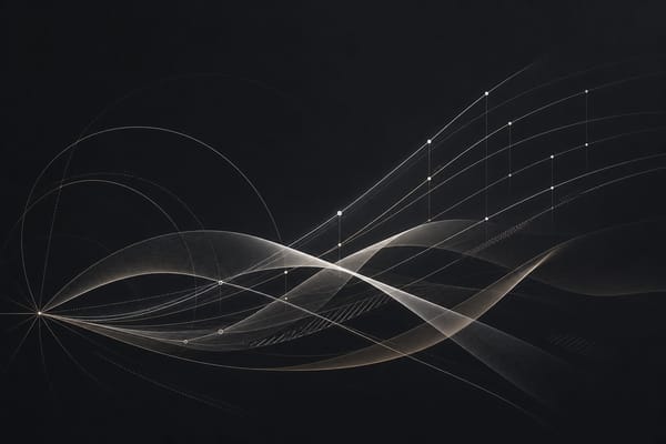 Abstract futures and portfolio-weight linework on dark charcoal.
