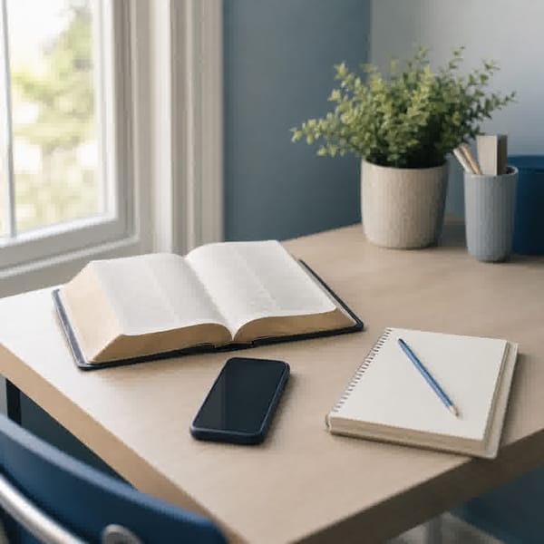 An open Bible beside a face-down phone, notebook, and pencil on a tidy desk in soft daylight.
