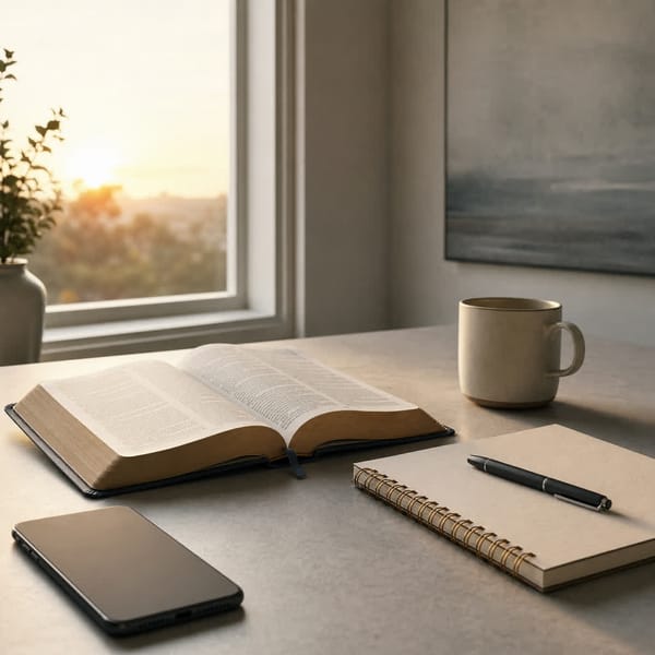 An open Bible beside a chipped mug, backpack, and pencil on a quiet school desk in soft daylight.