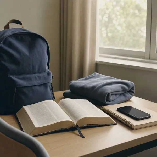 An open Bible, backpack, folded sweatshirt, notebook, and phone on a quiet school desk in soft morning light.