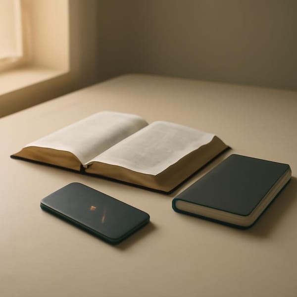 A phone face down beside an open Bible and a quiet notebook in soft morning light