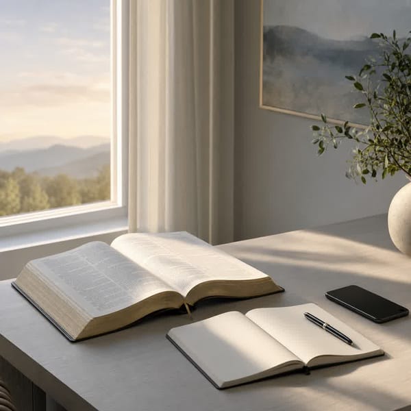 An open Bible and notebook in warm dawn light beside a phone facedown
