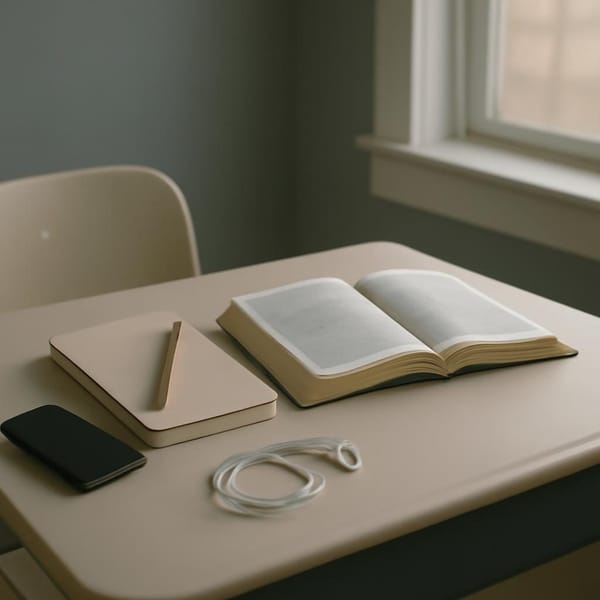 An open Bible, notebook, pencil, face-down phone, and earbuds on a school desk in soft daylight.