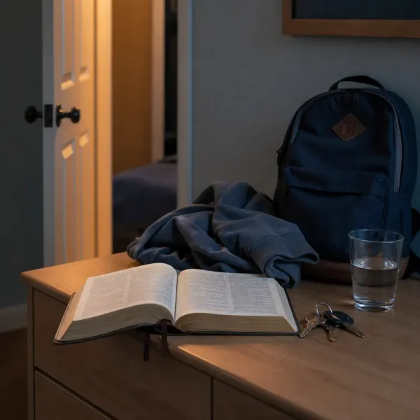 An open Bible, backpack, folded hoodie, house keys, and a glass of water on a quiet bedroom dresser near a partly open door.