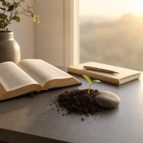 A tiny green sprout in soft morning light beside an open notebook and Bible