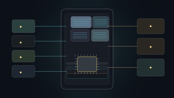 端侧 AI 在手机芯片、模型和离线动作之间流动的编辑式插画