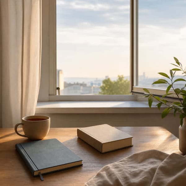 A quiet sunlit desk with a Bible, notebook, and tea beside an open window