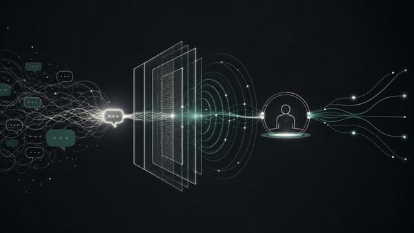 Abstract conversational thread passing through a mental-health AI safety gate toward human escalation