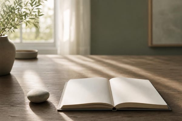 An open journal and smooth stone in quiet morning light