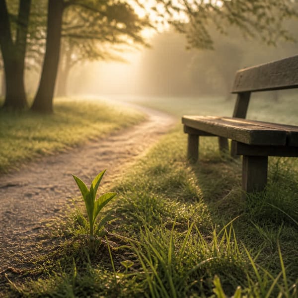 A sunlit path beside a quiet bench, symbolizing patient hope