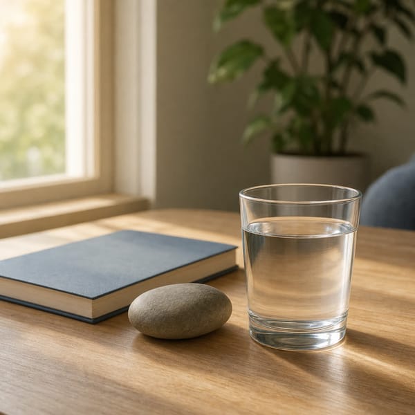 A small lantern beside a notebook on a quiet blue-gray desk