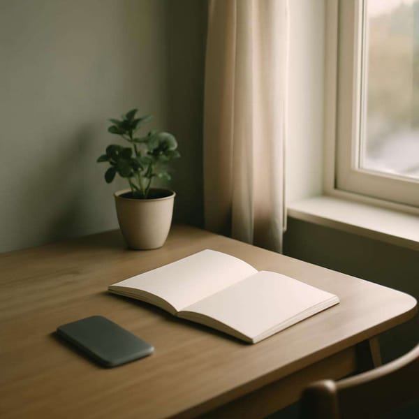 A quiet desk with a phone turned face down beside a notebook and green plant