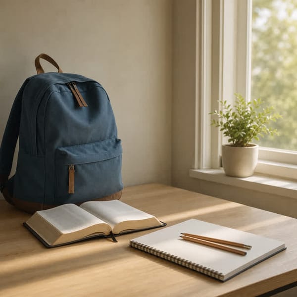 A quiet desk with a backpack, open Bible, and warm morning light